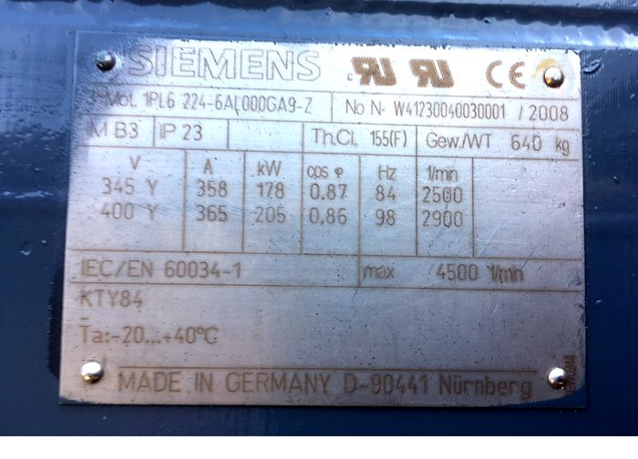 1x Mainmotor AC Siemens  178/205 kW, rpm 2500/2900 NEW