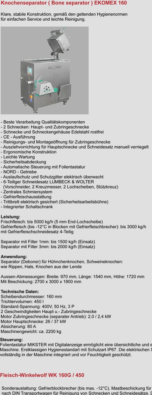 Knochenseparator EKOMEX 160 und Fleisch-Winkelwolf WK 160G/450
