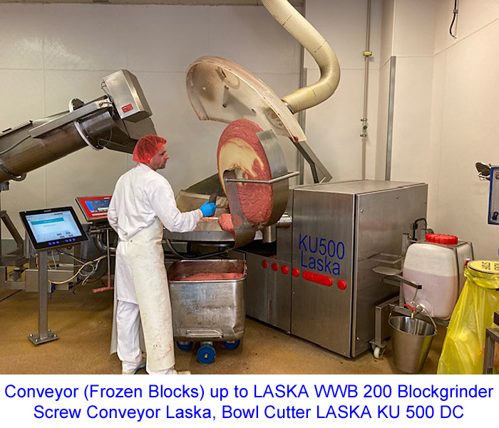 Conveyor (Frozen Blocks) up to LASKA WWB 200 Blockgrinder, Screw Conveyor Laska, Bowl Cutter LASKA KU 500 DC