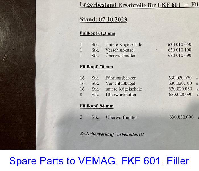 Spare Parts to VEMAG. FKF 601. Filler